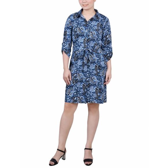 NY Collection Petite 3/4 Sleeve Printed Shirt Dress - Picture 1 of 1